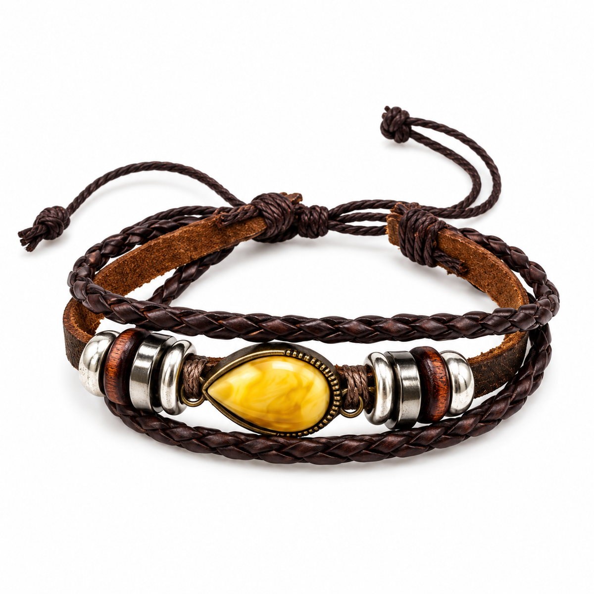 KIZIMA 662987478731 yellow amber teardrop multi-strand brown leather bracelet on a pure white background