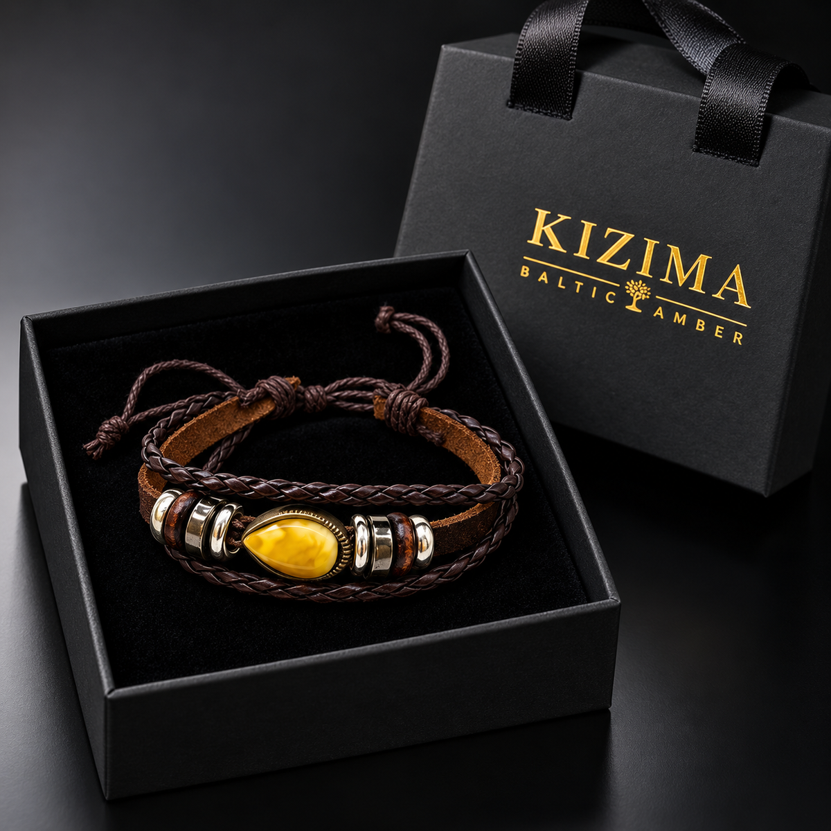 KIZIMA 662987478731 yellow amber teardrop multi-strand brown leather bracelet in the KIZIMA black velvet gift box