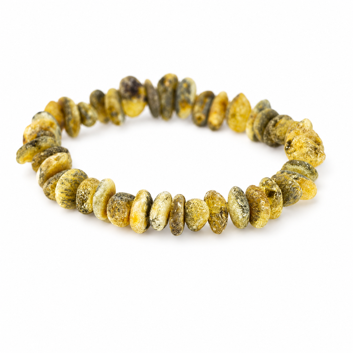 Rough-textured yellow and gray-green amber nugget stretch bracelet on pure white.