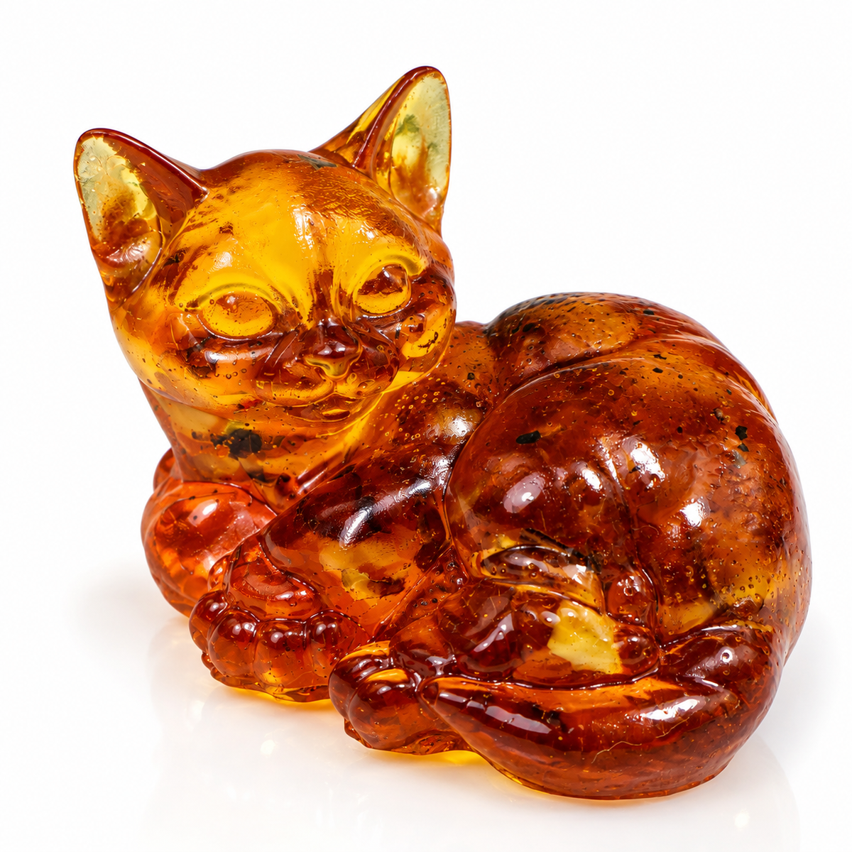 Made in USA Natural Baltic Amber Curled Cat Figurine by KIZIMA® — handmade amber cat sculpture, top view