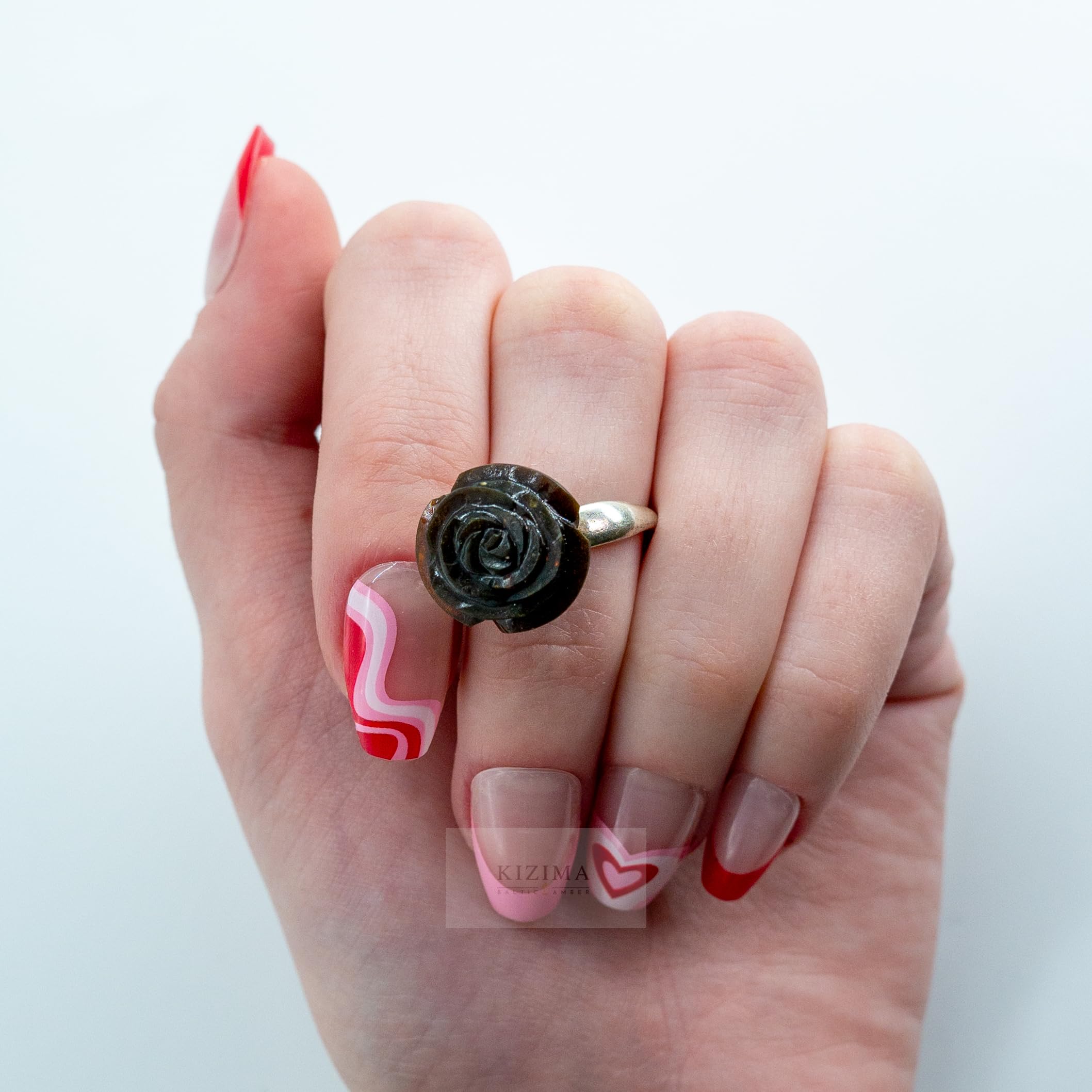 Certified Handmade Natural Dark Red Amber Rose Ring Authors design