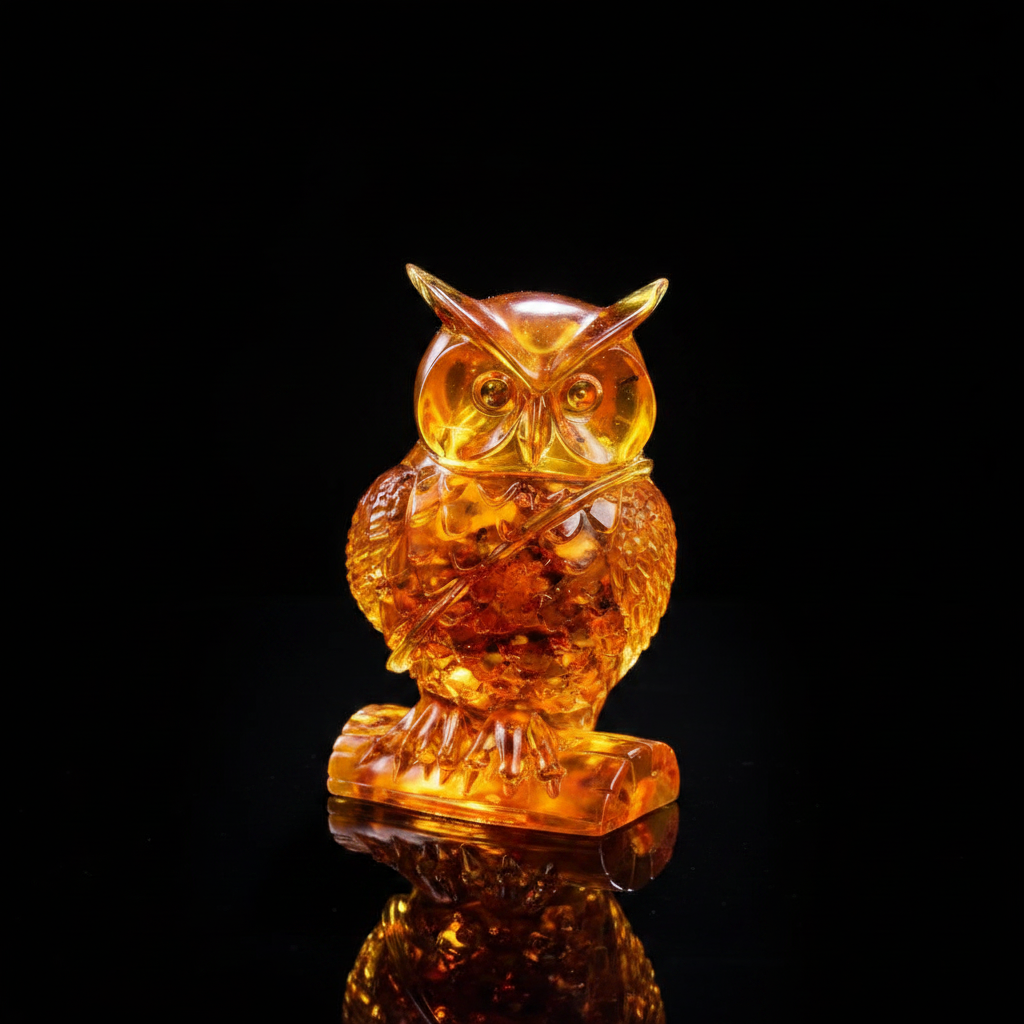 Owl statue Baltic amber figurine by KIZIMA® — handmade in USA, detail view