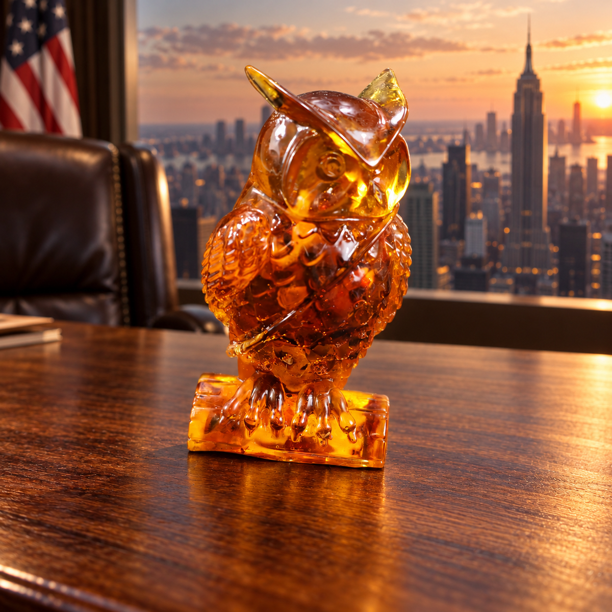 KIZIMA 7AOwlq59-2.5-4-7.5: Baltic amber upright owl on rectangular perch, on an oak desk with leather executive chair, US flag and uninterrupted Manhattan view