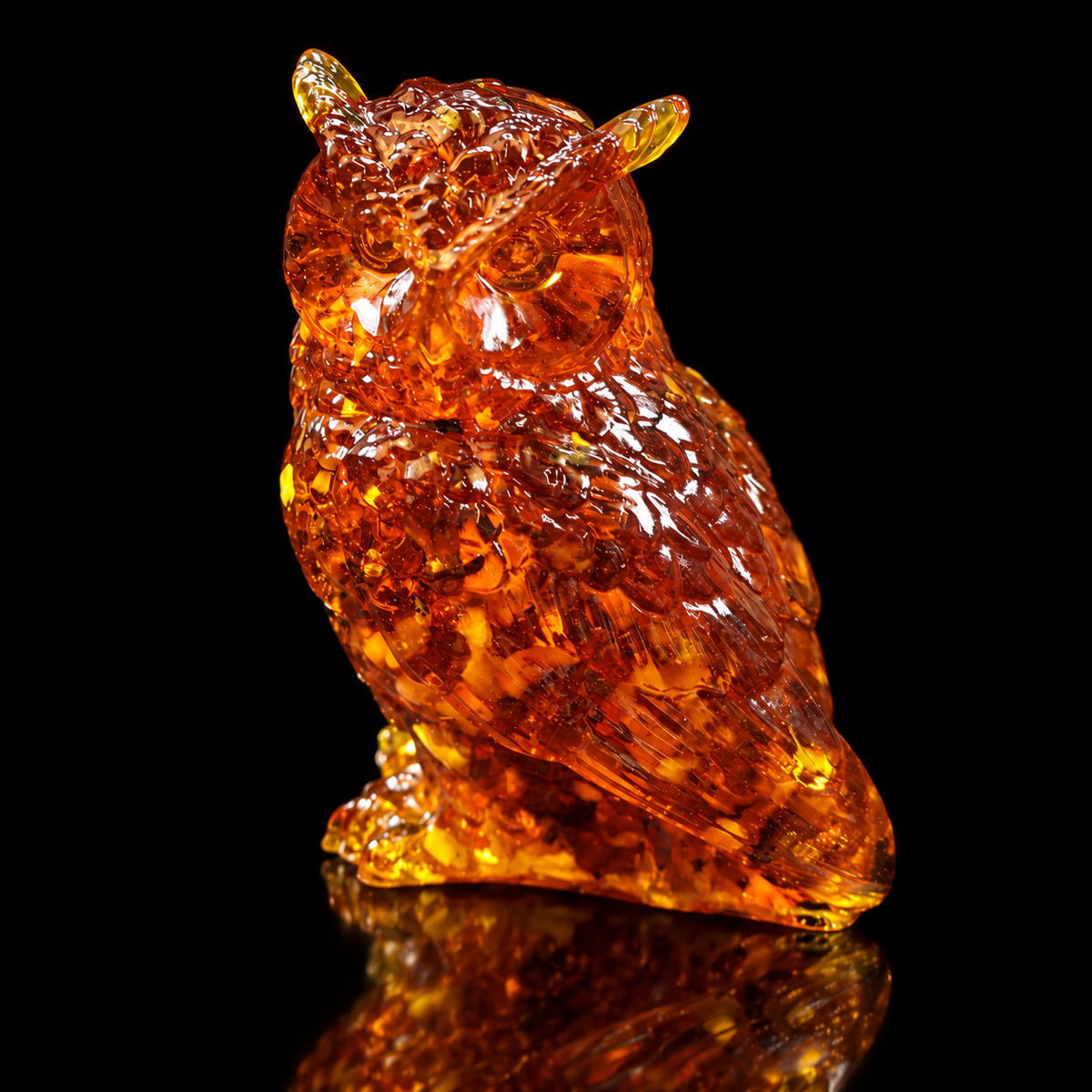 KIZIMA 7O02Q100-2-2-3: The Curious Owl artisan Baltic amber figurine, on a black studio background