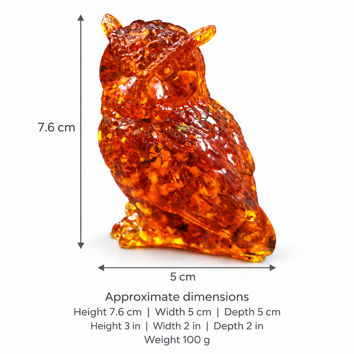 KIZIMA 7O02Q100-2-2-3: The Curious Owl artisan Baltic amber figurine, approximate dimensions with labeled height, width, depth and weight