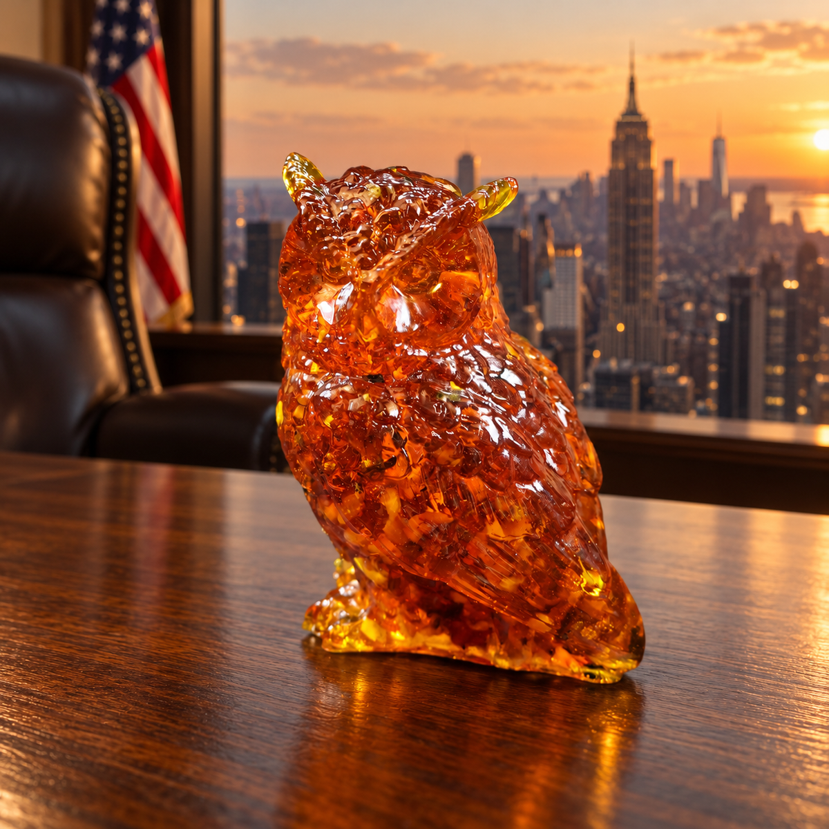 KIZIMA 7O02Q100-2-2-3: The Curious Owl artisan Baltic amber figurine, on an oak desk with leather executive chair, US flag and uninterrupted Manhattan view