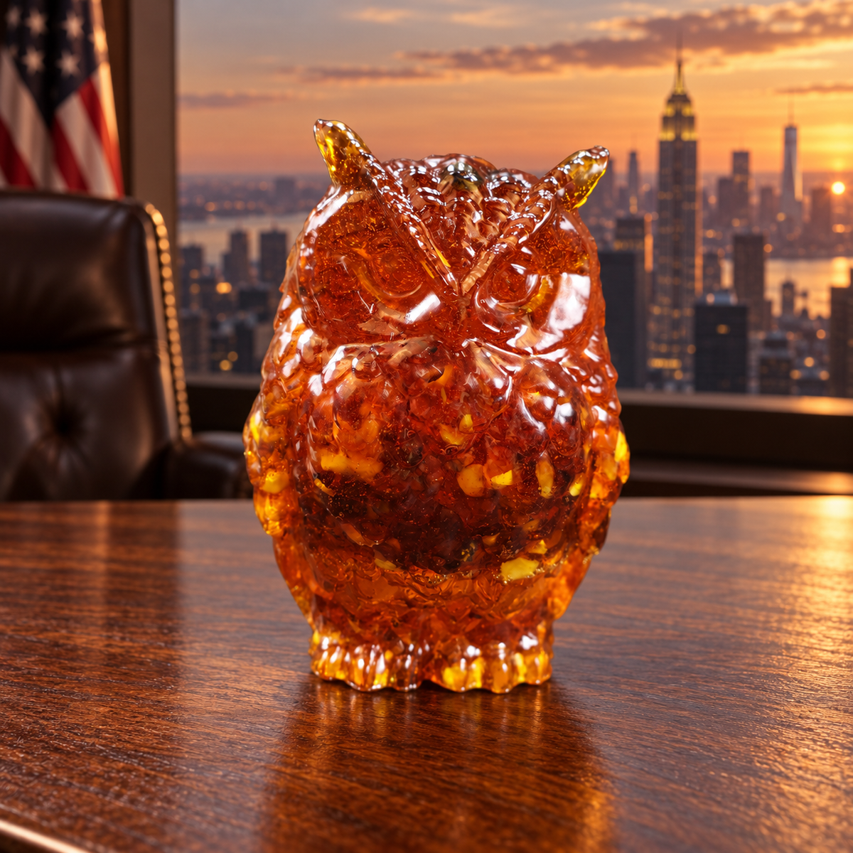 KIZIMA 7O03Q125-2-2-3: The Wise Owl artisan Baltic amber figurine, on an oak desk with leather executive chair, US flag and uninterrupted Manhattan view
