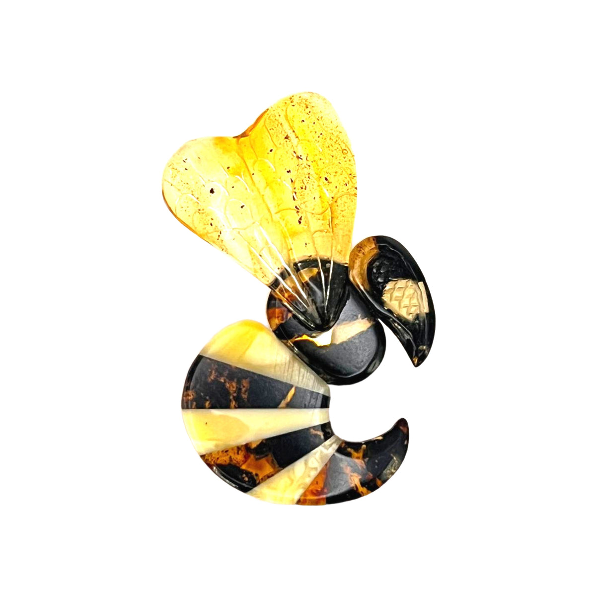 Made in USA Natural Baltic Amber Wasp Brooch by KIZIMA® — handmade miniature insect pin, yellow amber wing, striped amber body, white background