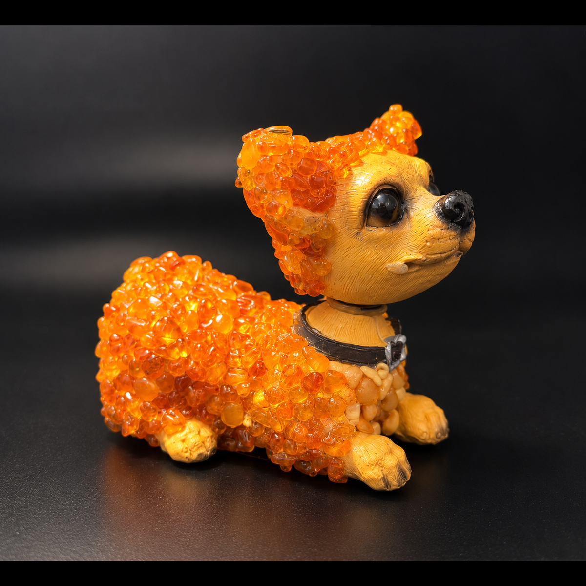 Made in USA natural Baltic amber bobblehead dog figurine, light honey amber nodding head puppy with pointed ears on black background — KIZIMA® Brooklyn NY