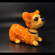 Made in USA natural Baltic amber bobblehead dog figurine, light honey amber nodding head puppy with pointed ears on black background — KIZIMA® Brooklyn NY