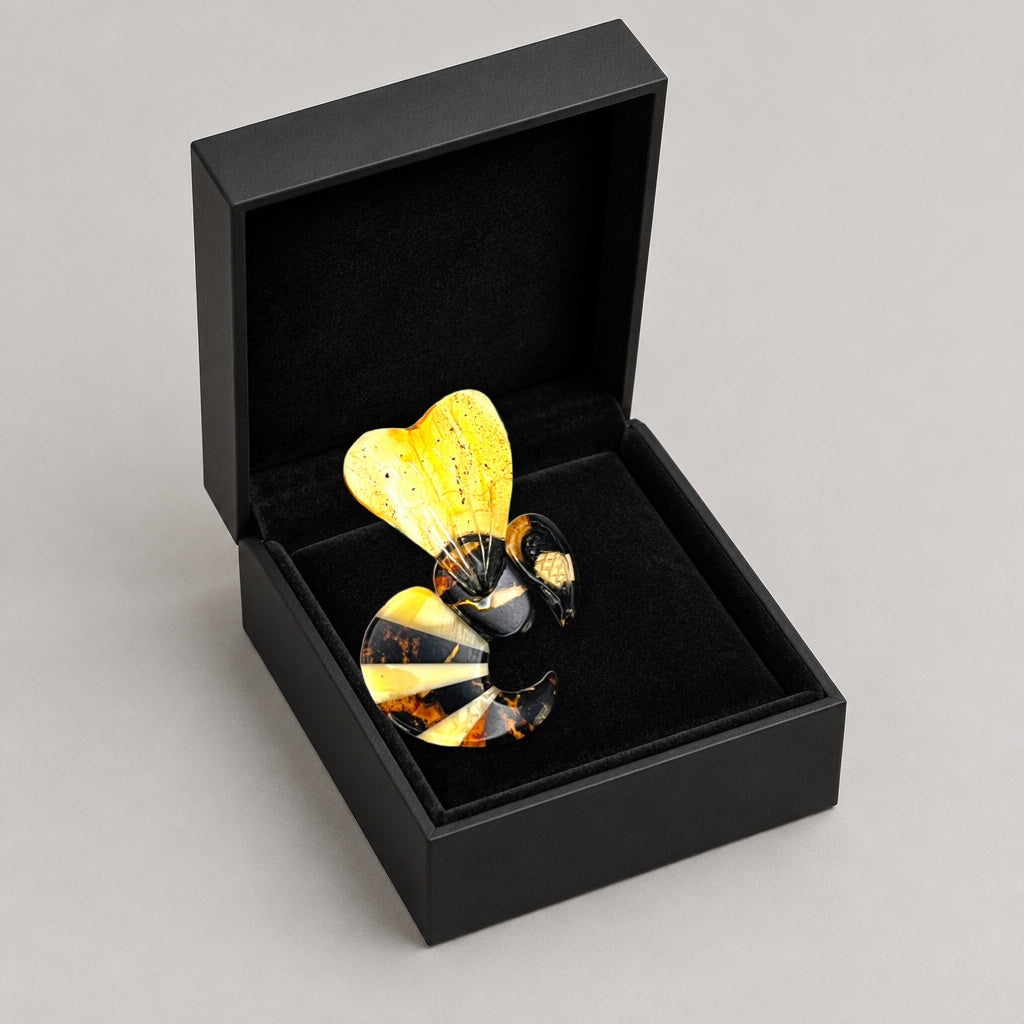 KIZIMA® Baltic amber wasp brooch in a black gift box — ready-to-give handmade insect jewelry gift, Made in USA