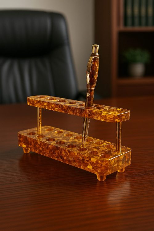 Executive Amber Pen Holder – Handmade Luxury Desk Organizer | 2 Tiers, 9 Slots | Premium Gift for Men & Women