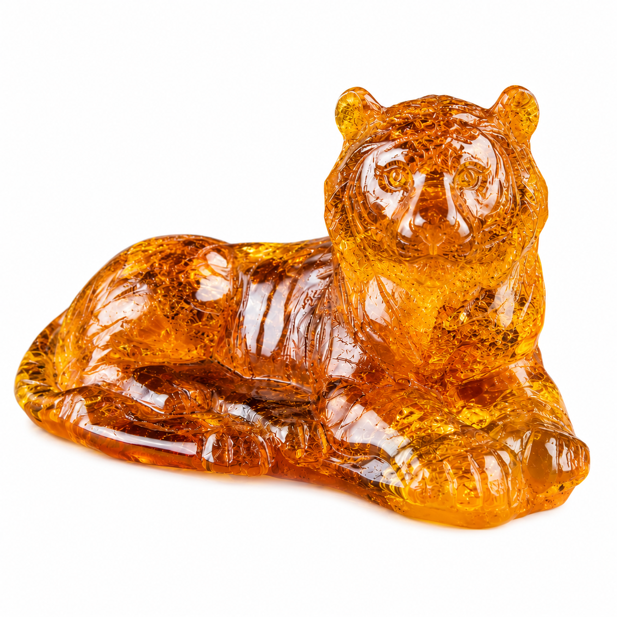 A translucent amber tiger figurine carved in a lying pose, shown on a plain white background.