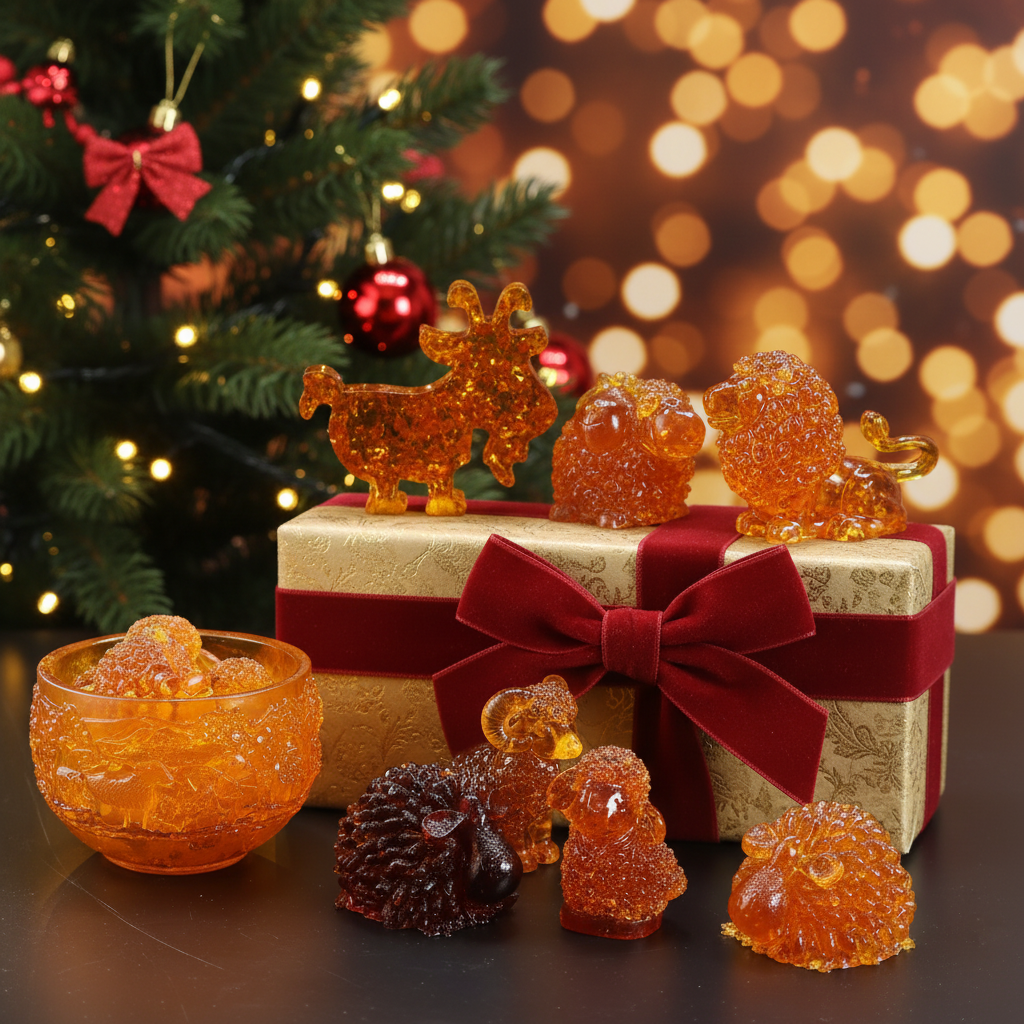 Goat figurine Baltic amber Christmas decor by KIZIMA® — handmade in USA, detail view