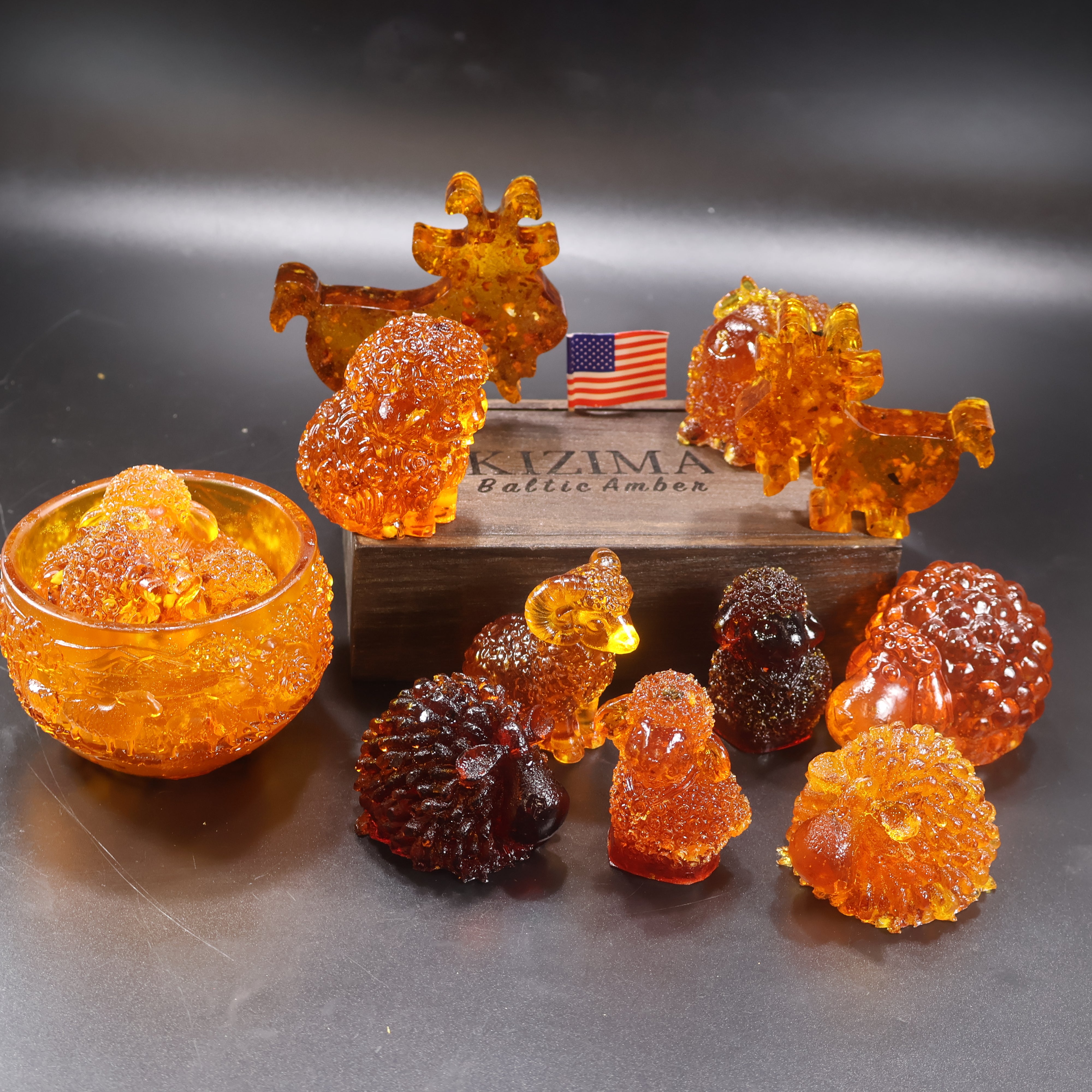 Made in USA natural Baltic amber Christmas 2027 collection sheep goat and ram figurines by KIZIMA