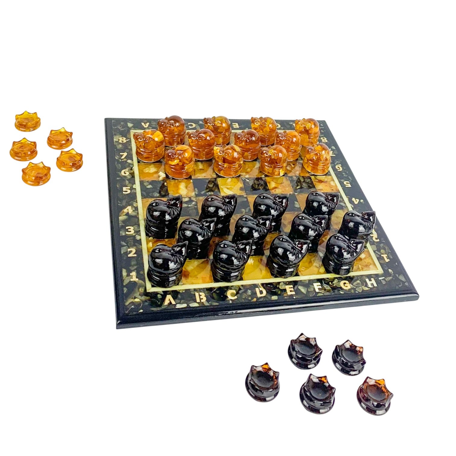 Made in USA | Amber Checkers Cats and Mice – Handmade Baltic Amber Board Game by KIZIMA