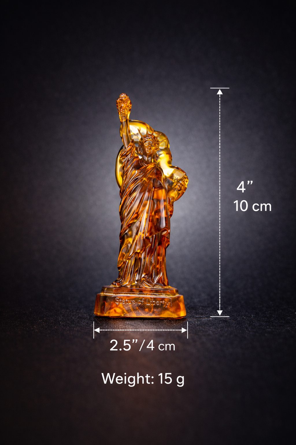 KIZIMA® amber Statue of Liberty figurine — genuine Baltic amber decor, handmade in USA, close-up