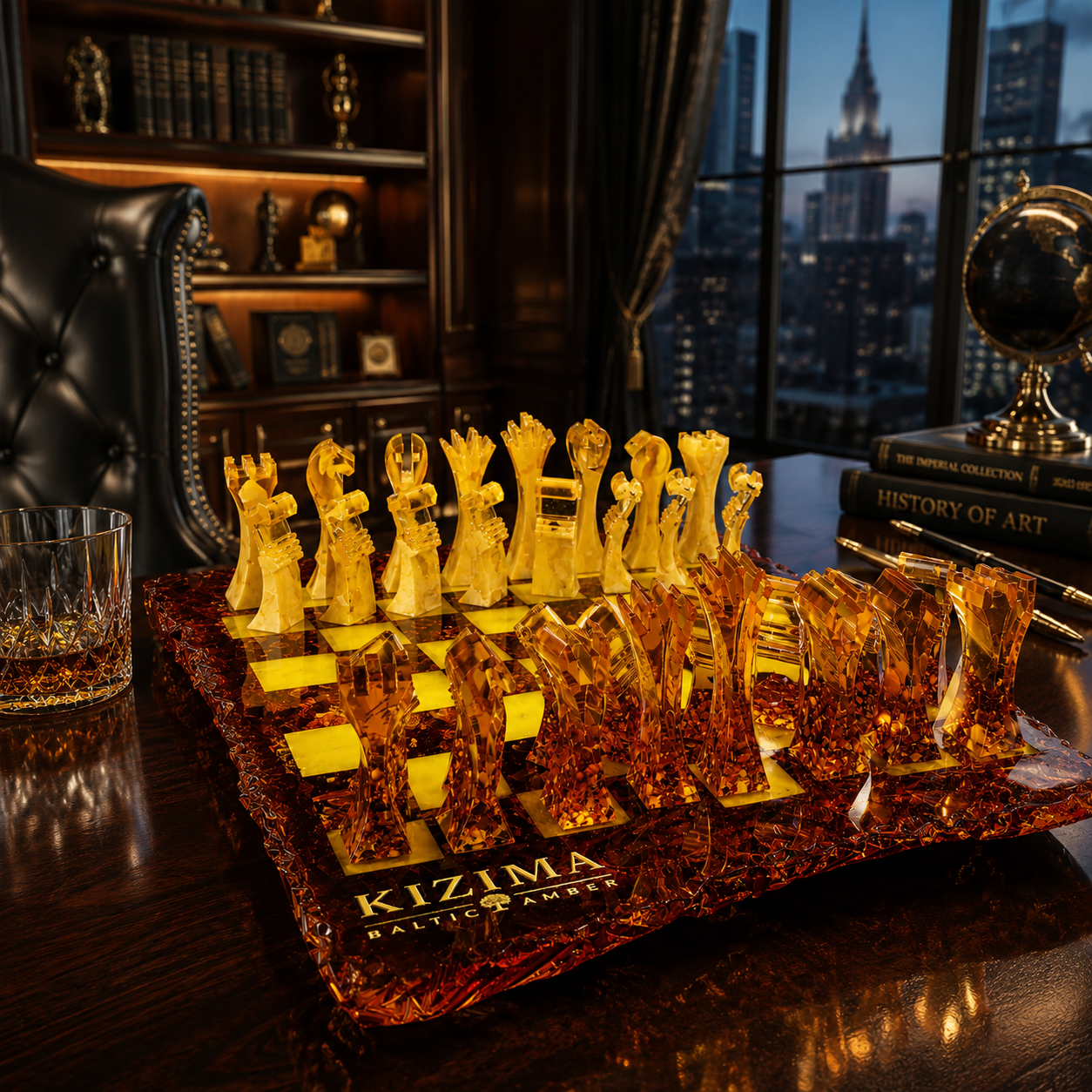 Luxury KIZIMA® Baltic amber chess set displayed in an executive office interior with handcrafted sculptural chess pieces and artistic irregular amber board.