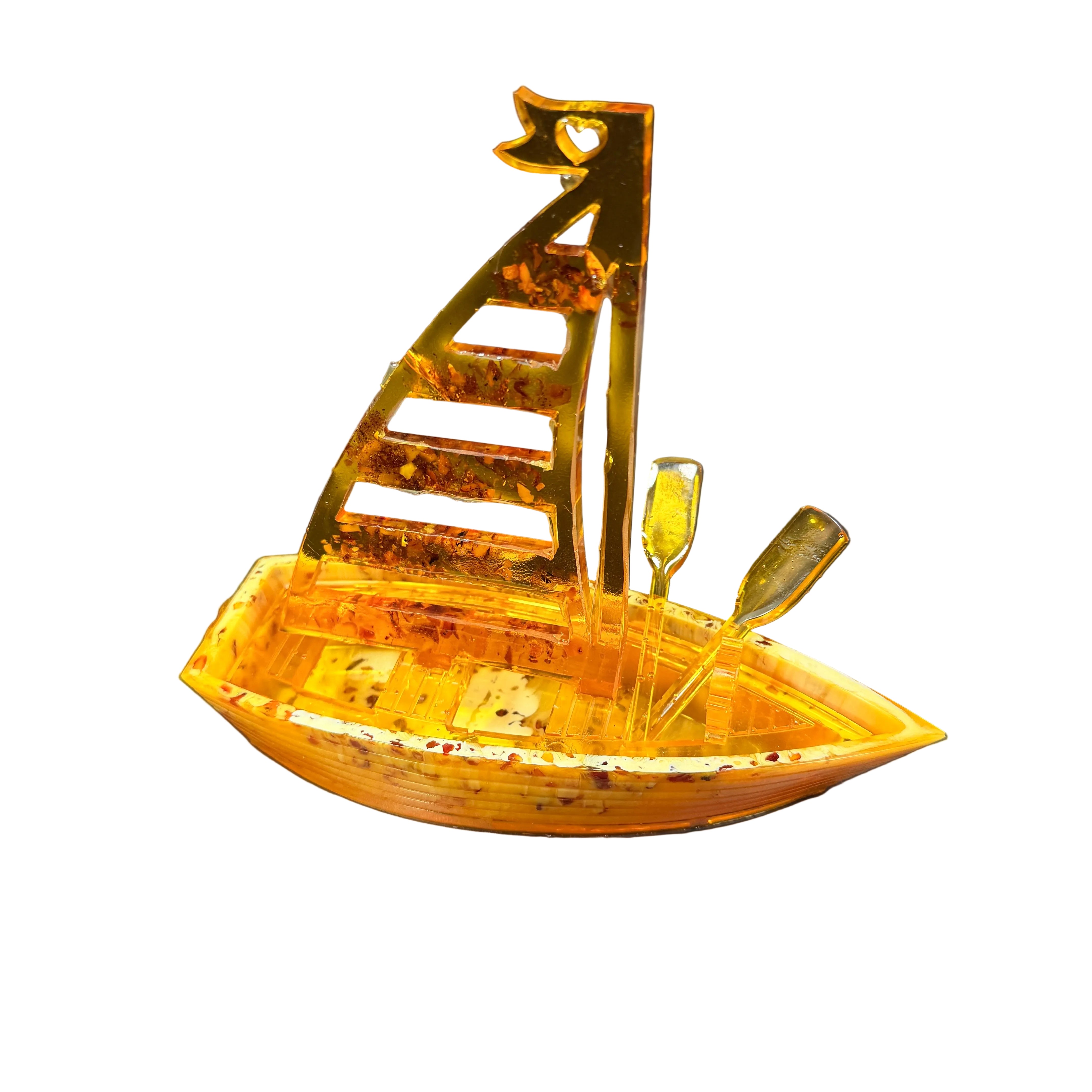 Handmade Baltic amber sailing ship collectible by KIZIMA, Made in USA, with American flag accent