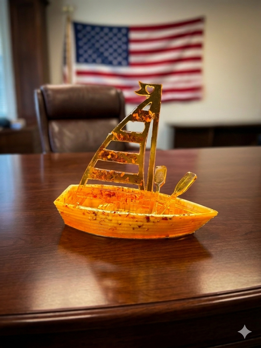 KIZIMA Baltic amber sailboat sculpture, handmade in USA, golden amber ship with billowing sail and oars