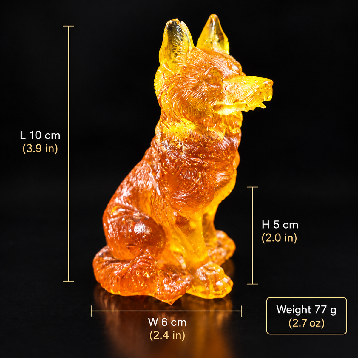 Made in USA Natural Baltic Amber Wolf Figurine, Home Decor Gift by KIZIMA® — handmade amber wolf sculpture, angled view