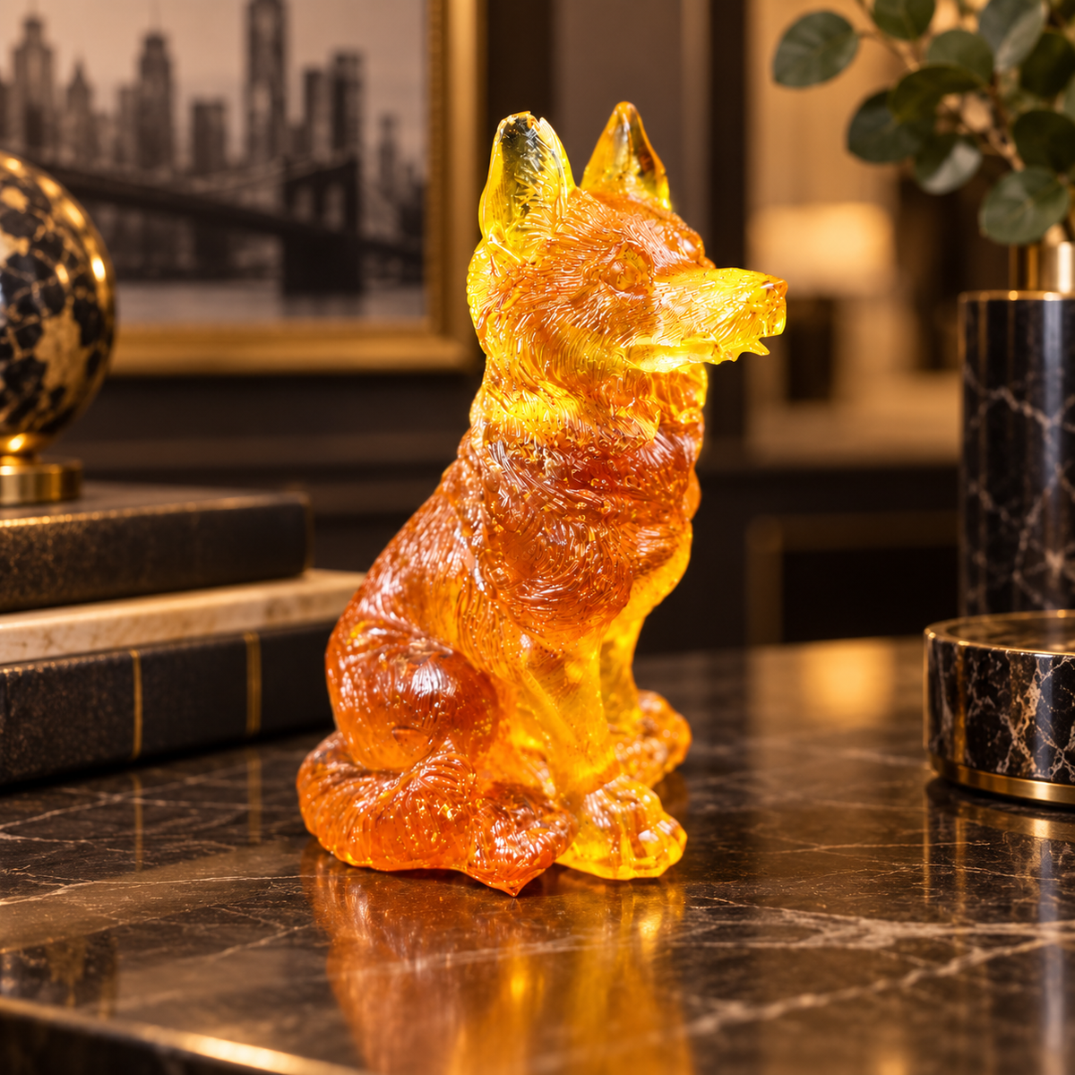 Made in USA Natural Baltic Amber Wolf Figurine, Home Decor Gift by KIZIMA® — handmade amber wolf sculpture, side view