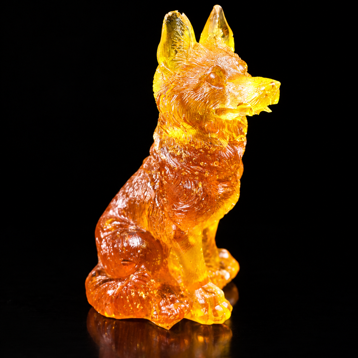 Made in USA Natural Baltic Amber Wolf Figurine, Home Decor Gift by KIZIMA® — handmade amber wolf sculpture, white background