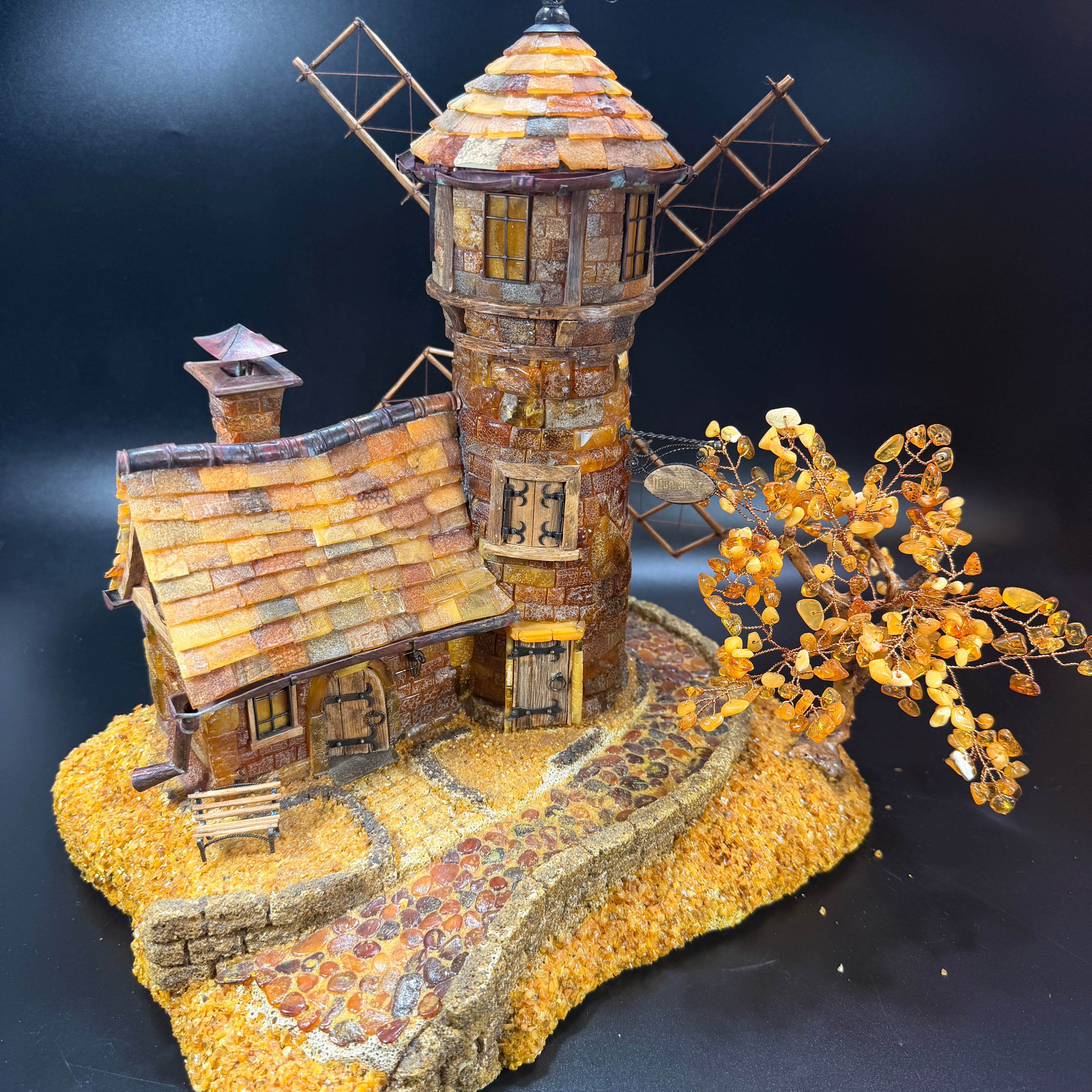 KIZIMA® Made in USA — Baltic Amber Königsberg Mühlenberg Mill Statue 12" | Handmade in New York | Luxury Corporate Gift, Housewarming & Rare Amber Collectible
