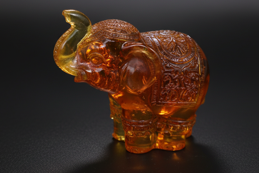 KIZIMA® lucky elephant Baltic amber figurine — natural amber, made in USA, top view