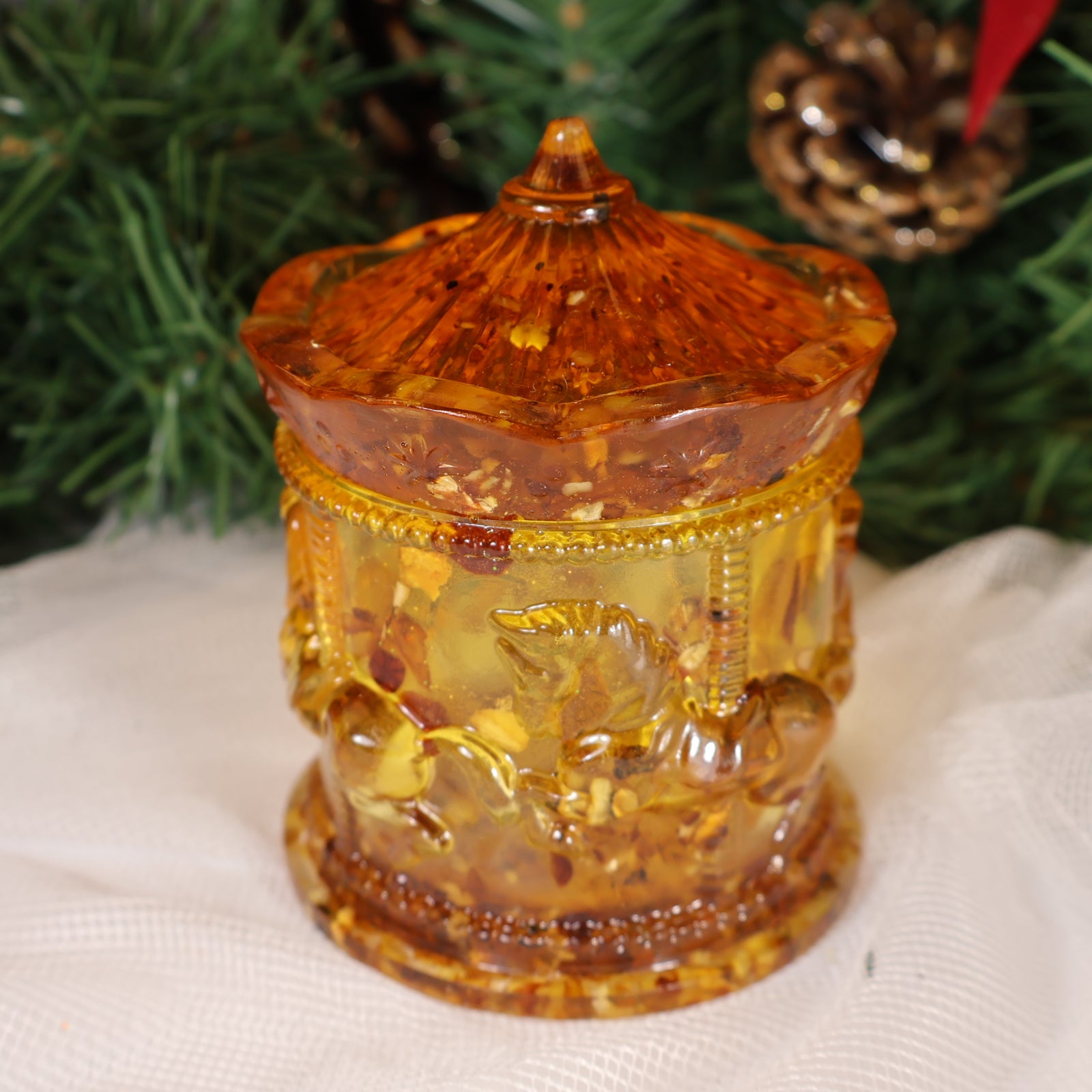 Baltic amber horse symbol jewelry box by KIZIMA® — genuine amber, handmade in USA, side angle