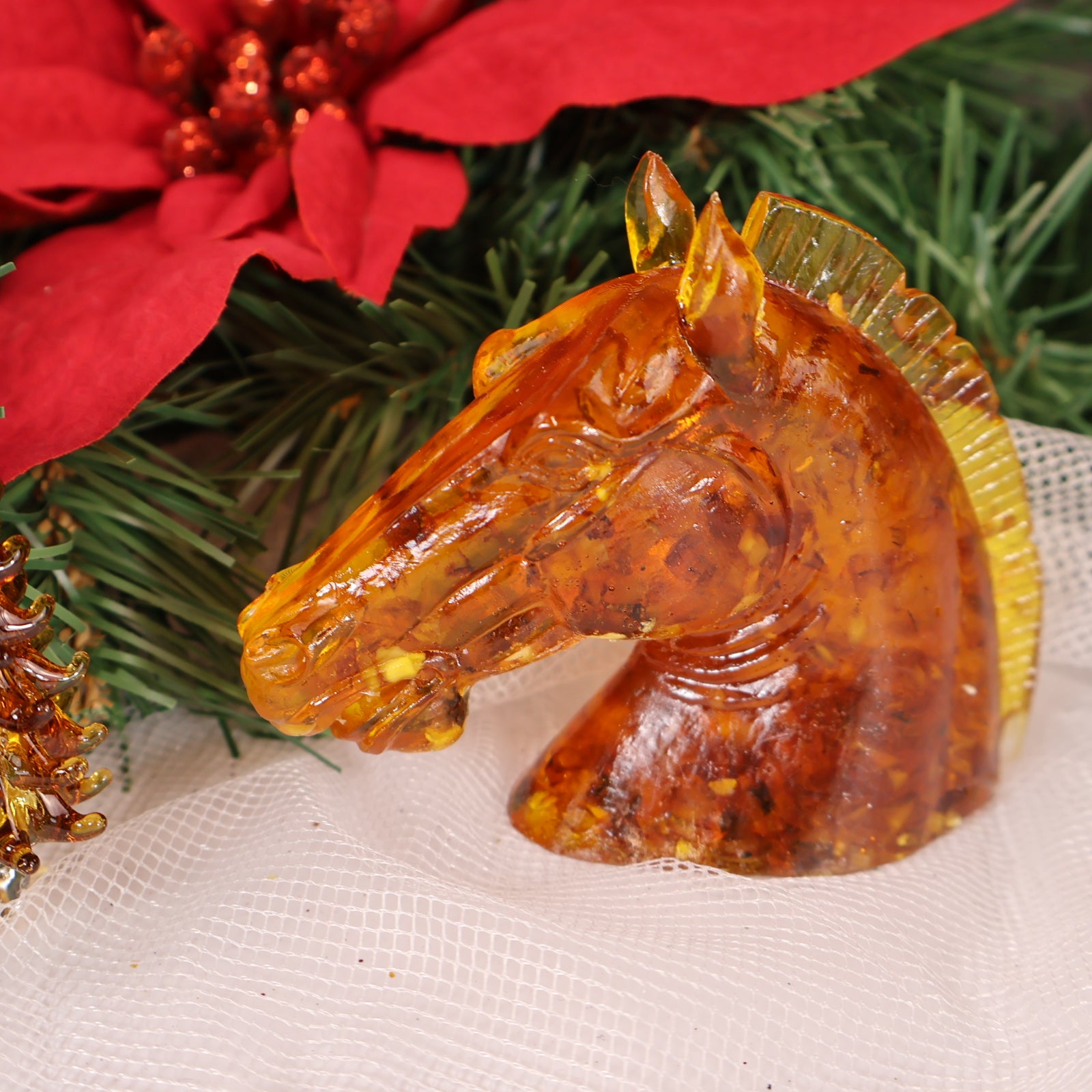 Christmas Amber Horse Sculpture Gift – Handmade Figurine | Unique Holiday Keepsake | Genuine Amber Collectible KIZIMA USA
