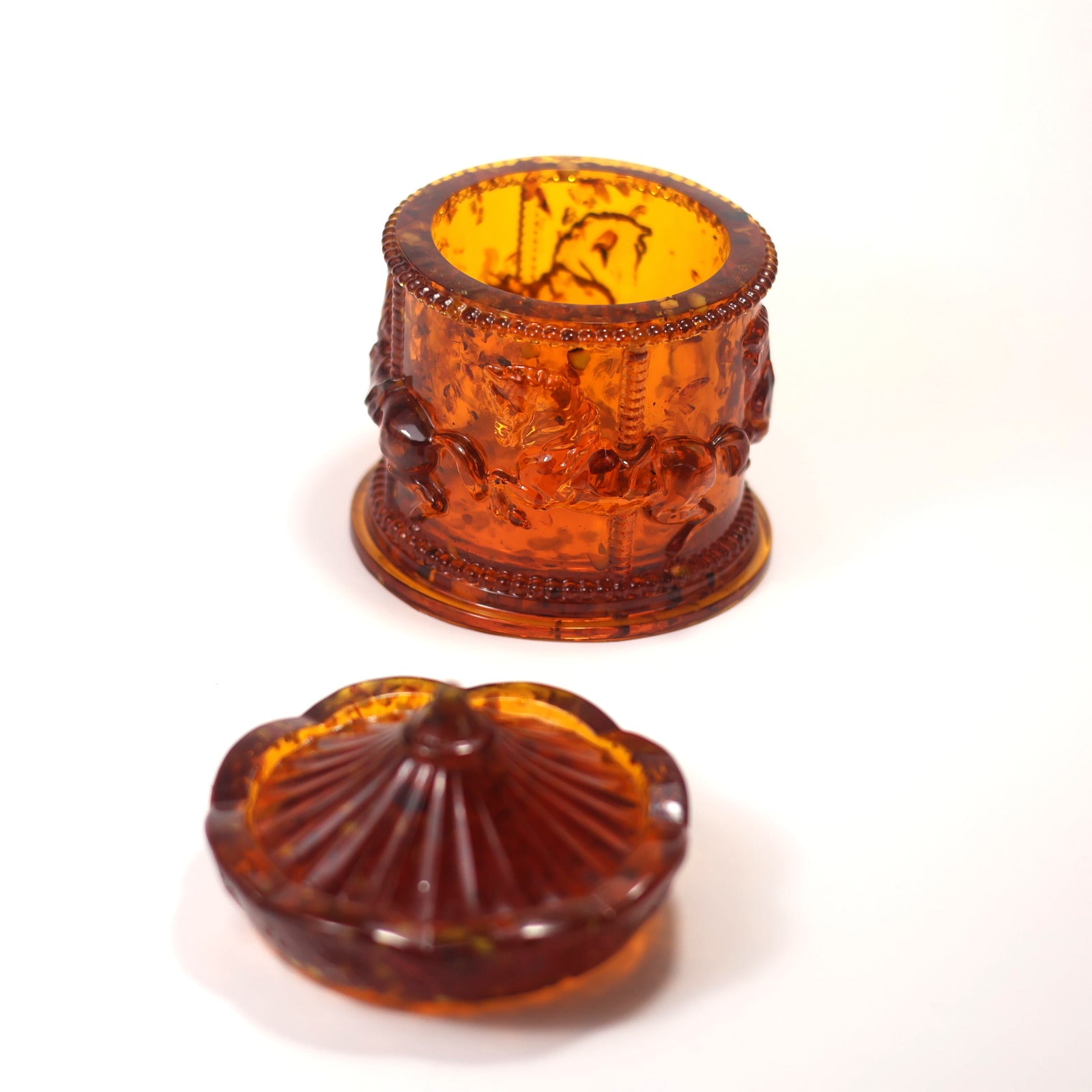 Handmade Baltic amber horse jewelry box by KIZIMA® USA — natural amber decor, side view