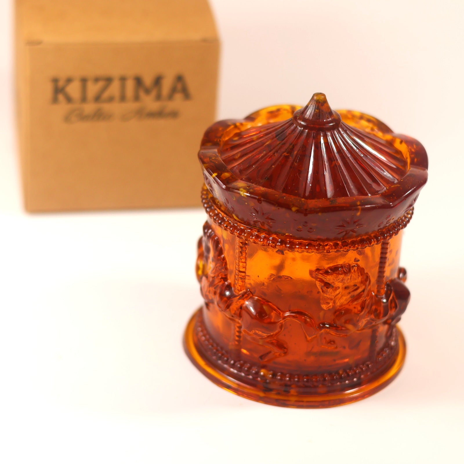 KIZIMA® amber horse symbol jewelry box — genuine Baltic amber decor, handmade in USA, angled detail