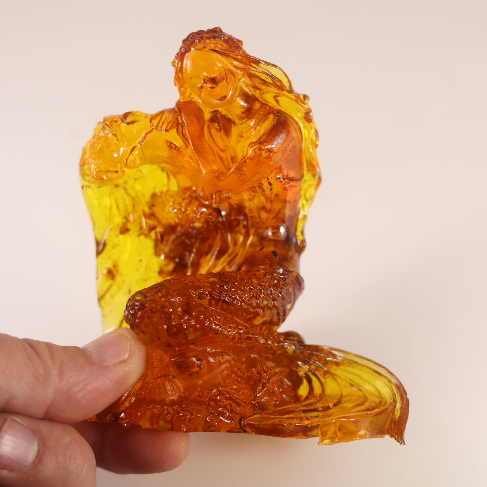 Mermaid Figurine on a Sea Wave, Handmade from Natural Baltic Amber by KIZIMA Brooklyn NY Unique Collectible Ocean Breeze Gift