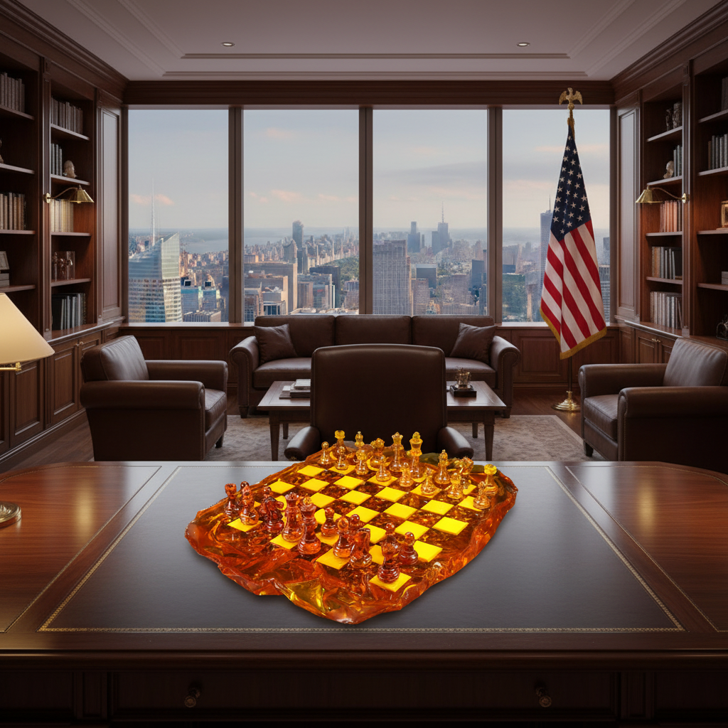 A translucent amber glass chess set with a wavy, organic-shaped board and matching chess pieces, photographed on a dark reflective surface.