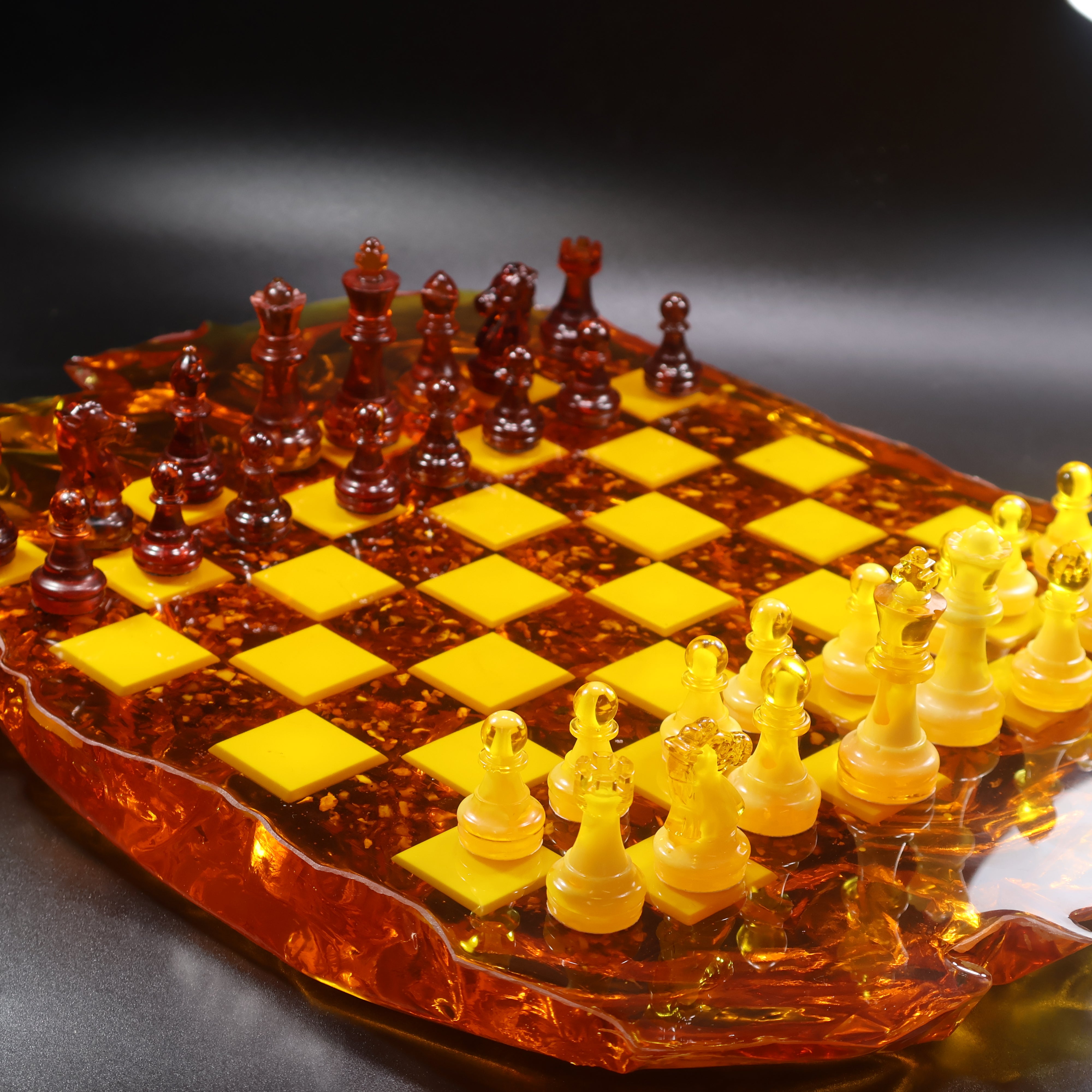 Natural Baltic amber chess pieces in cherry, butterscotch and cognac amber colors, KIZIMA made in USA