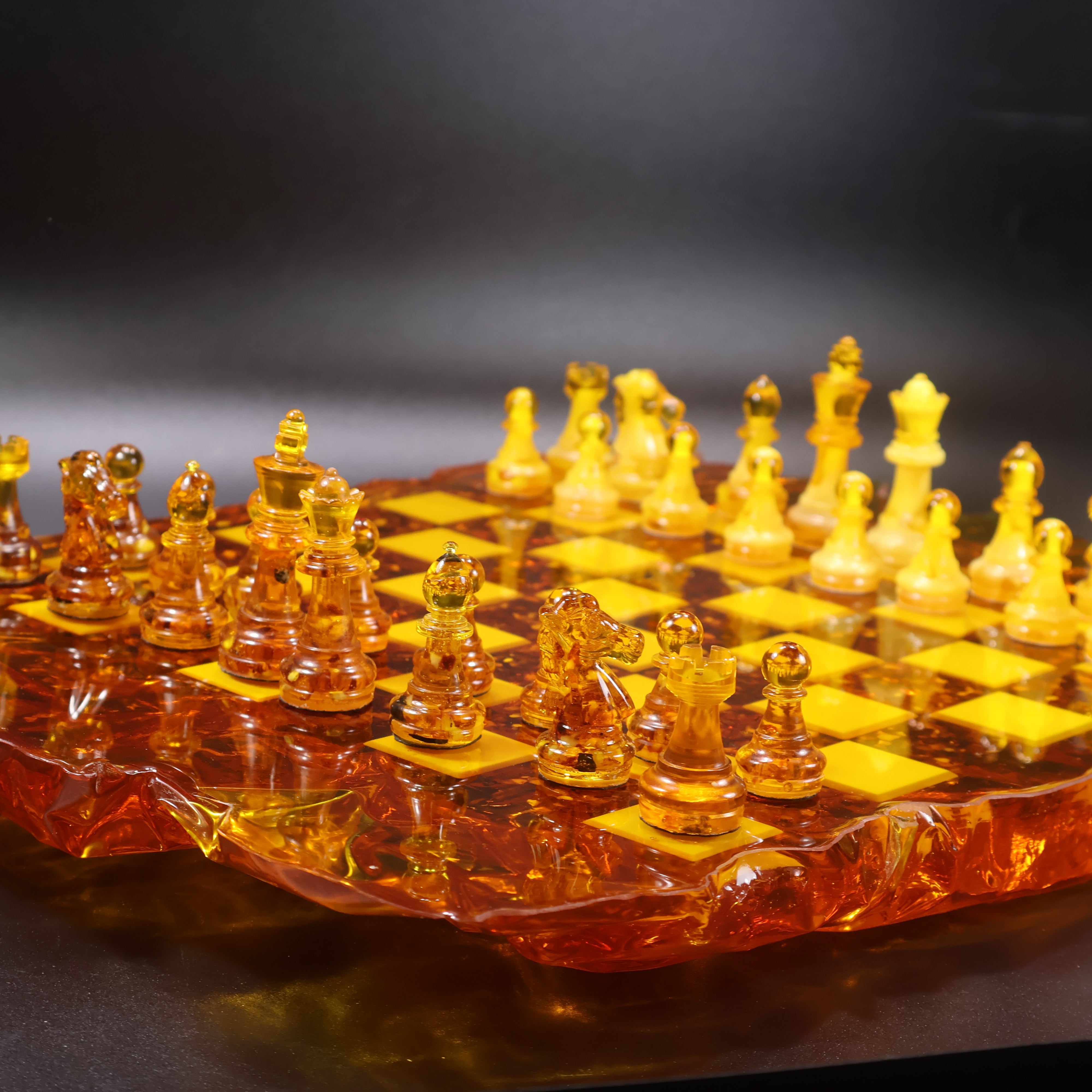 Baltic amber chess set with sculptural carved board, luxury chess gift made in USA
