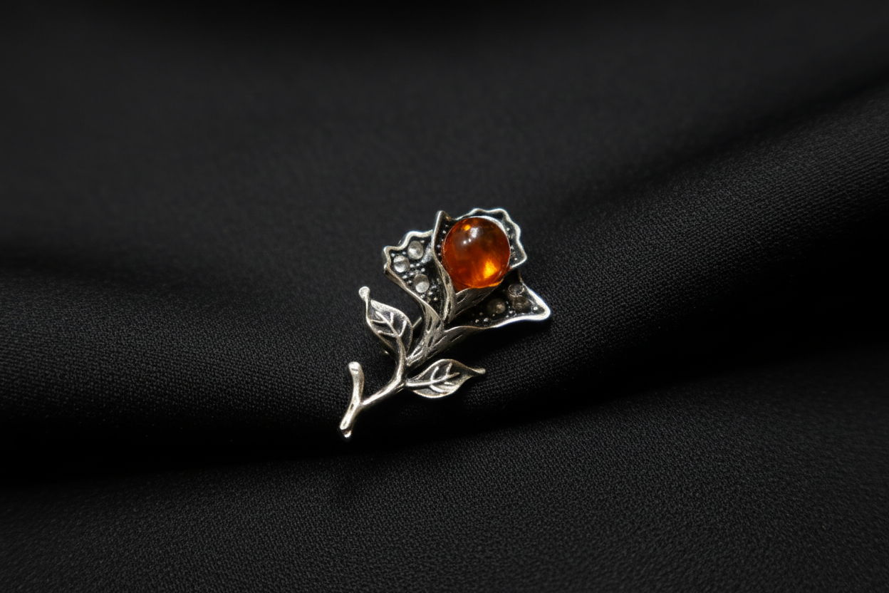 Made in USA Genuine Natural Baltic Amber Silver Rose Brooch KIZIMA®
