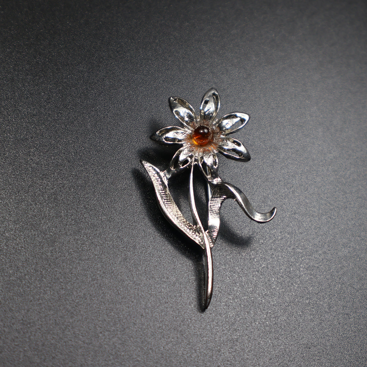 Made in USA Genuine Natural Baltic Amber Silver Daisy Brooch by KIZIMA® — handmade amber jewelry, side view