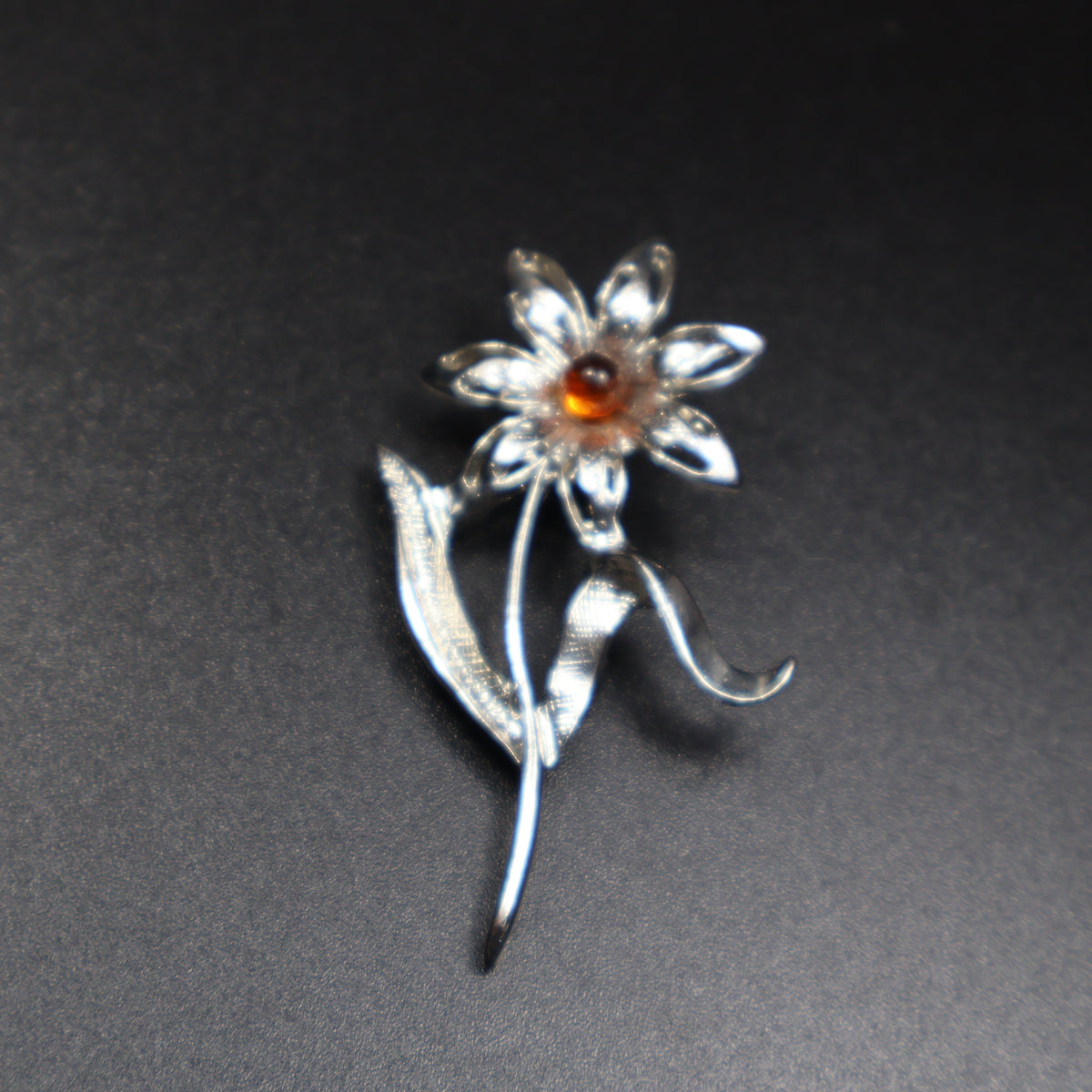 Made in USA Genuine Natural Baltic Amber Silver Daisy Brooch by KIZIMA® — handmade amber jewelry, close-up