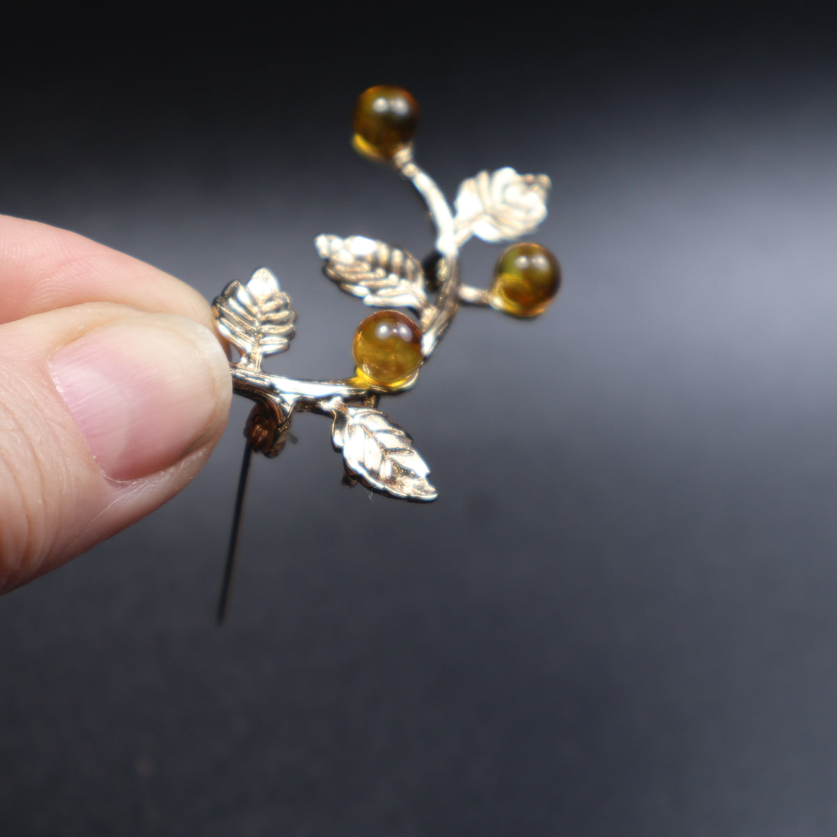 Made in USA Genuine Natural Baltic Amber Brooch Gift by KIZIMA® — handmade amber jewelry, side view
