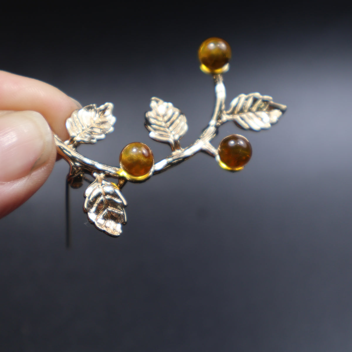 Made in USA Genuine Natural Baltic Amber Brooch Gift by KIZIMA® — handmade amber jewelry, detail view