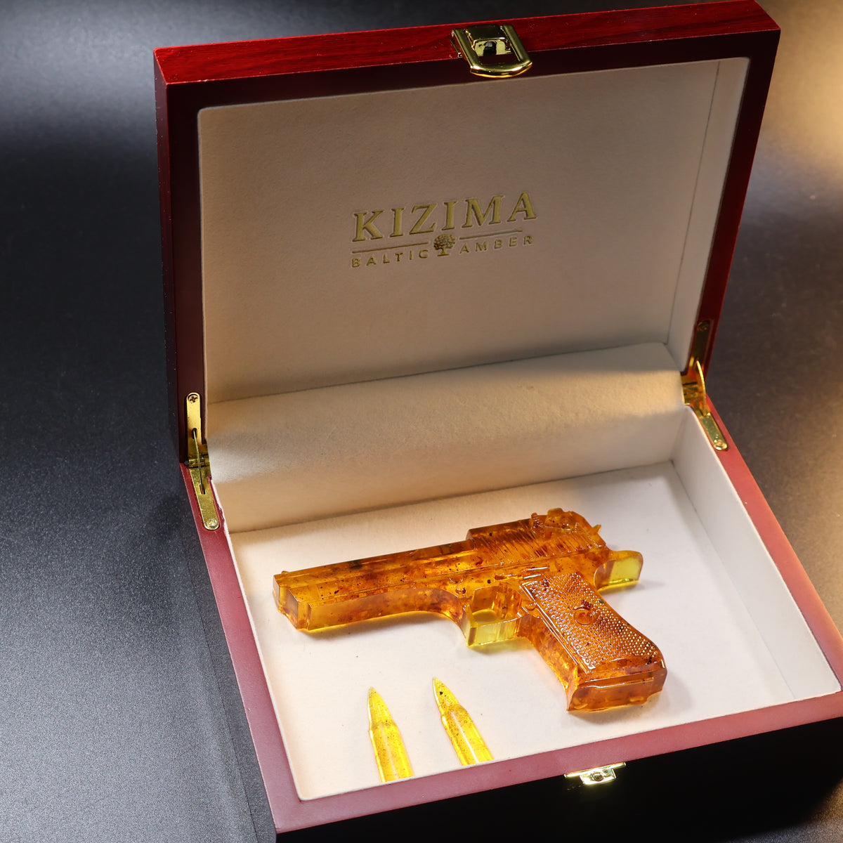 Made in USA Natural Baltic Amber Gun Figurine, Collectible Decor by KIZIMA® — handmade amber pistol sculpture, view 8