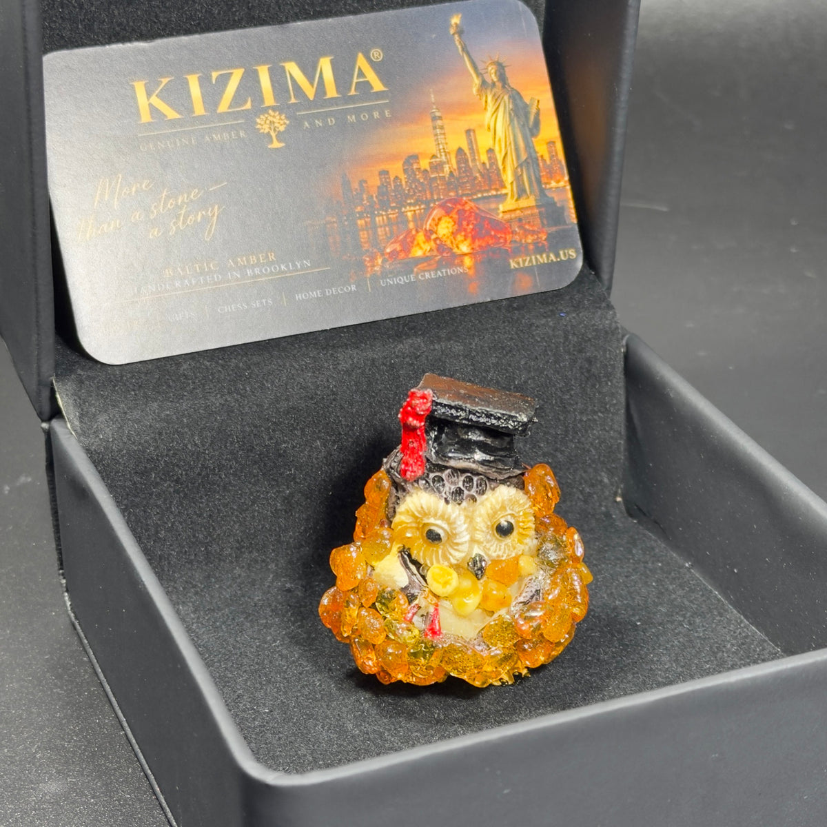 Original unedited photograph of graduation owl in black presentation box