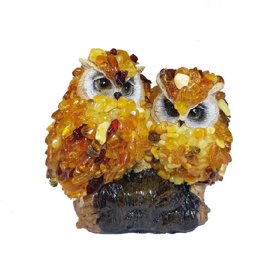 USA Handmade Figurine miniature of two Owl Natural Baltic Amber KIZIMA
