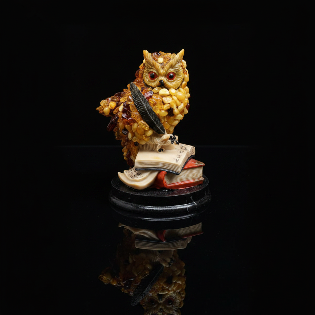 Cognac owl Baltic amber figurine by KIZIMA® — handmade in USA, detail view