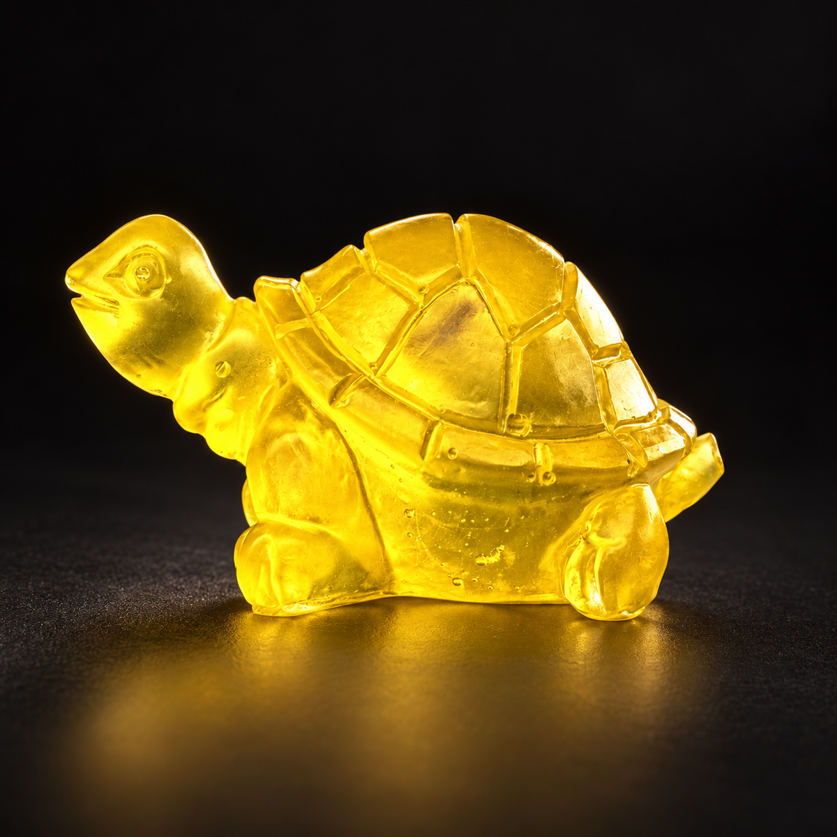 KIZIMA 10K002q20 Baltic amber turtle figurine on a black studio background, showing the translucent golden-yellow body and carved shell pattern.