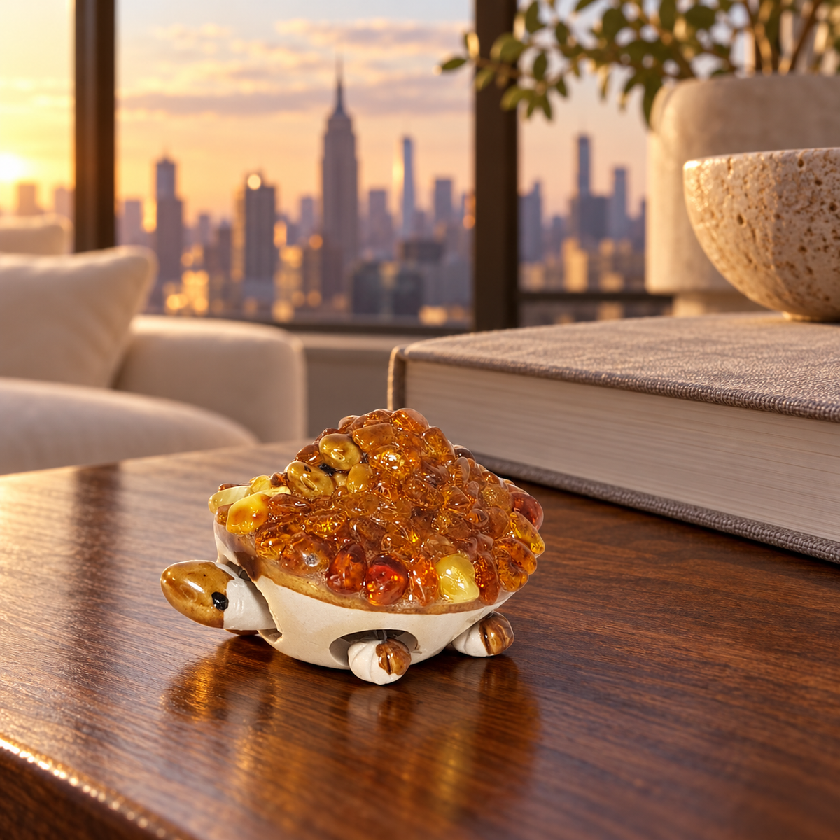 KIZIMA 10Z0100q53 small Baltic amber turtle figurine on a walnut console in a warm New York apartment interior.