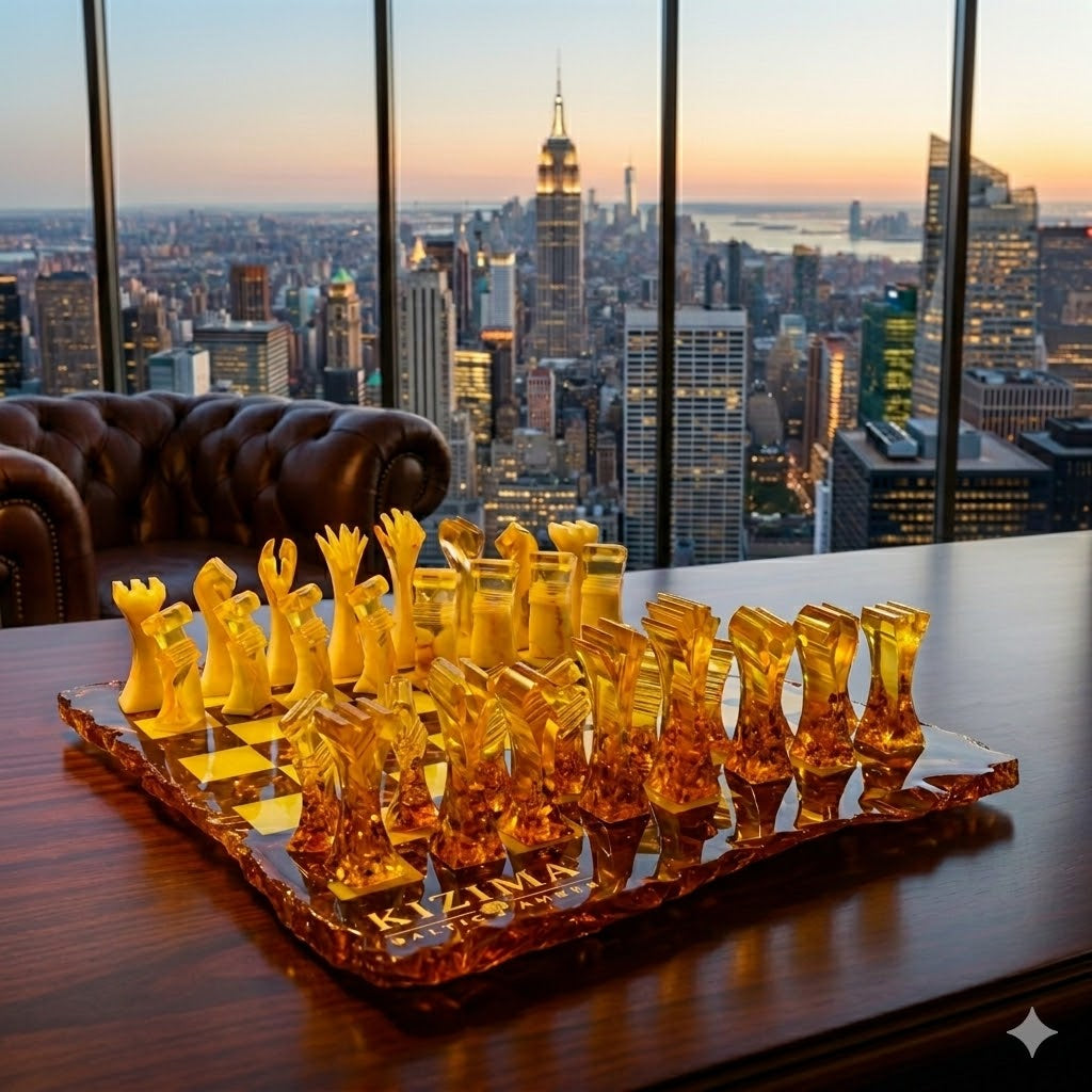 /imagine [твоё фото] KIZIMA Baltic amber chess set on a dark mahogany executive desk, luxury Manhattan penthouse office interior, floor-to-ceiling windows with New York City skyline at dusk, leather armchair, crystal whiskey glass, warm dramatic lighting, bokeh background, editorial luxury photography, 8k --cref [ссылка на фото] --cw 100 --ar 1:1 --style raw --v 6.1