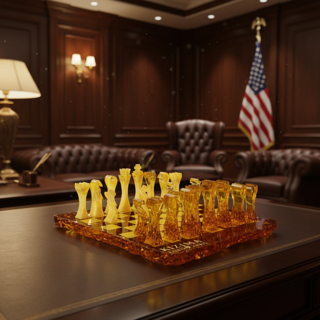 Handcrafted KIZIMA® Baltic amber chess set with sculptural modern chess pieces and artistic irregular amber board on black background.
